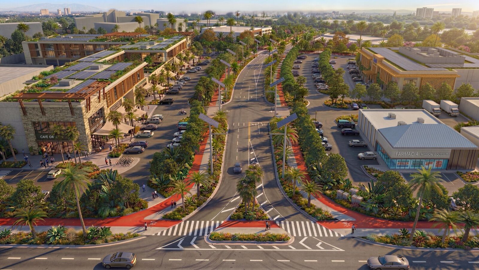 Render de un desarrollo urbano del Grupo Aspite en la Isla de Margarita: vialidad, ciclovías, comercio y paisajismo